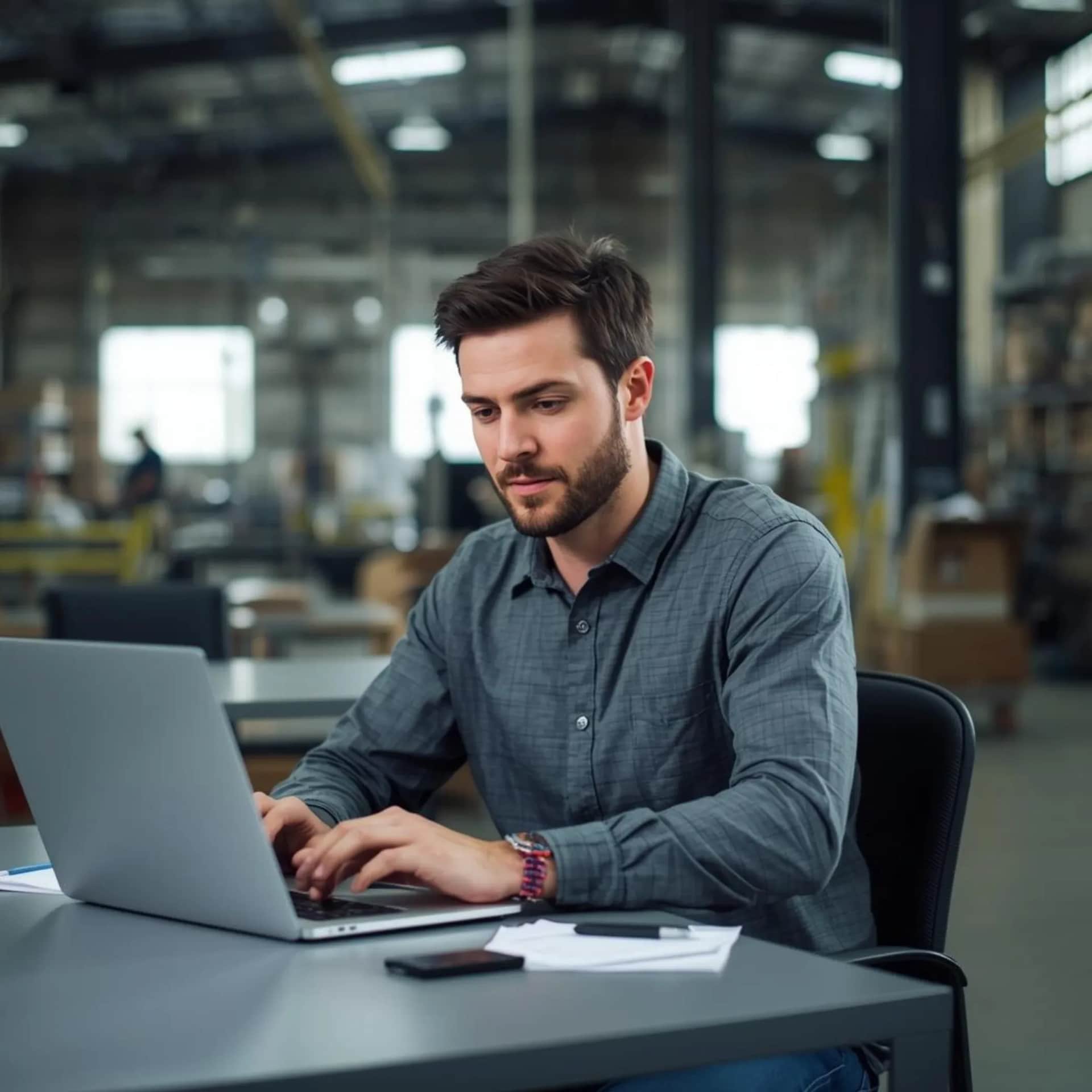 man working on laptop in warehouse